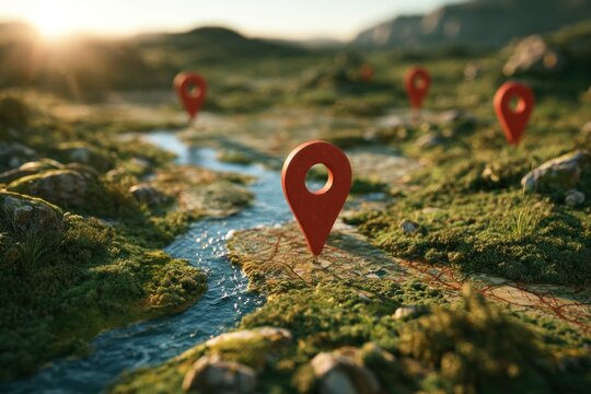 Map with red location pins along a stream in a green landscape during sunset