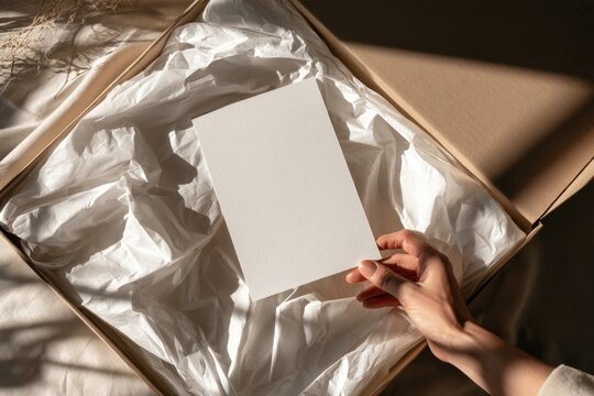 Hand holds blank card above crumpled white tissue paper inside a cardboard box