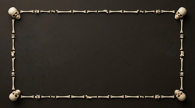 Halloween border frame made of human skulls and bones isolated on a dark background.