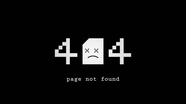 Retro Pixel Art 404 Error Page Not Found Animation on Black Background. Creative Technical Glitch and Broken Link Concept for Website Maintenance.