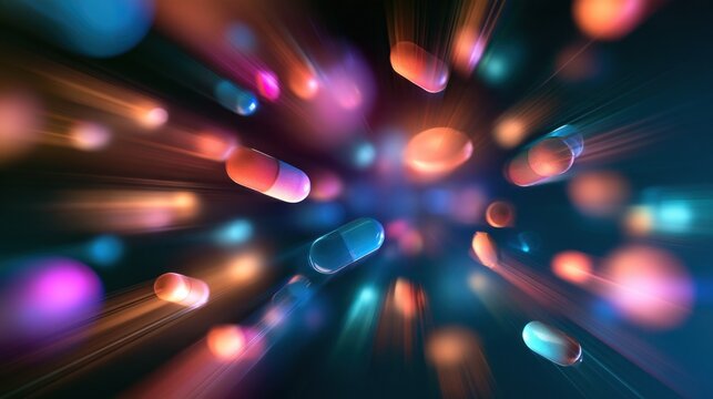 Colorful pills and capsules float in space with bright lights and a dark background creating a vibrant visual effect