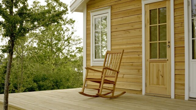 Wooden rocking chair on a porch beside a small house surrounded by trees in a calm setting
