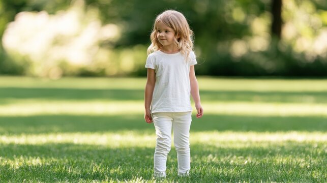 Child stands on green grass in a park during daylight hours