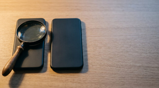 Two identical smartphones side by side with magnifying glass