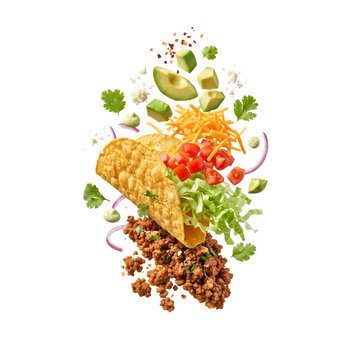 Exploding taco with fresh ingredients including ground meat, lettuce, tomatoes, cheese, and avocado isolated on transparent background