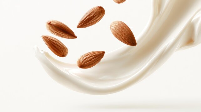Almonds falling into creamy texture on white background