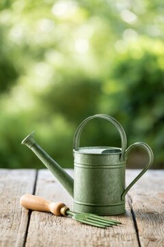 Green watering can and garden tool on wooden table in backyard