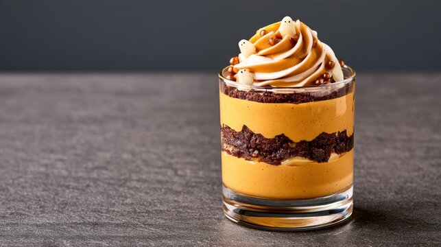 Delicious dessert served in a glass with layers of pumpkin and chocolate cream topped with decorative frosting