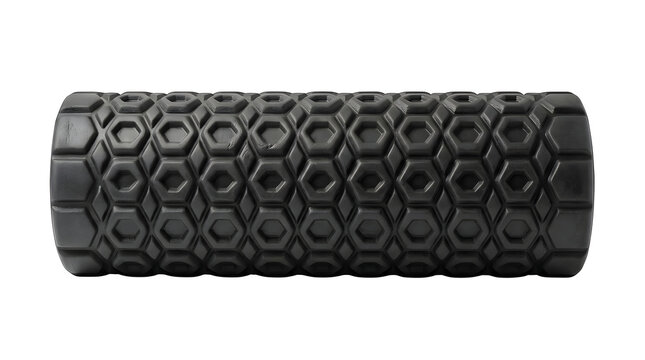 Black textured foam roller for fitness, physical therapy, and muscle recovery, isolated on transparent background