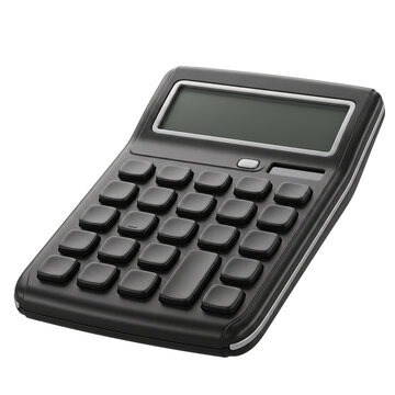 Black calculator with gray buttons and blank screen for calculations, finance, or office work on transparent background.