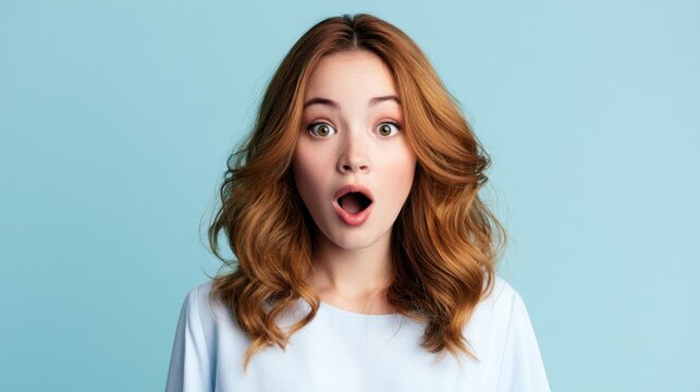 Surprised young woman with wavy hair in front of a light blue background