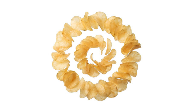 Potato chips arranged in a circular spiral pattern isolated on transparent background