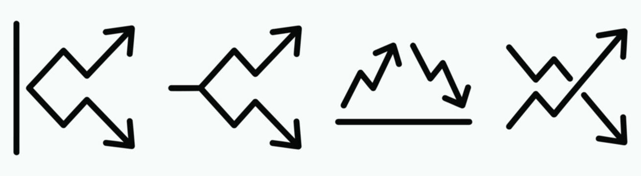 Minimalist business trend forecast arrow line icons depicting economic growth and market split.