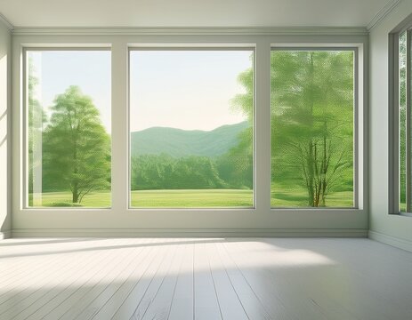 white empty room with green landscape in window scandinavian interior design