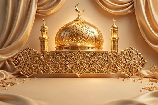 Luxurious golden Islamic mosque dome with crescent moon, minarets and ornate arabesque pattern on silk drapery background