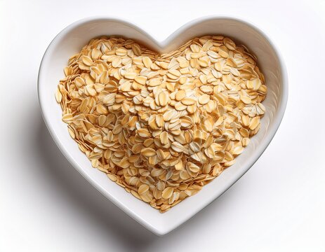 a heart shaped white bowl filled with golden oat flakes with some spilling out onto a clean white background ideal for health wellness and breakfast themed projects