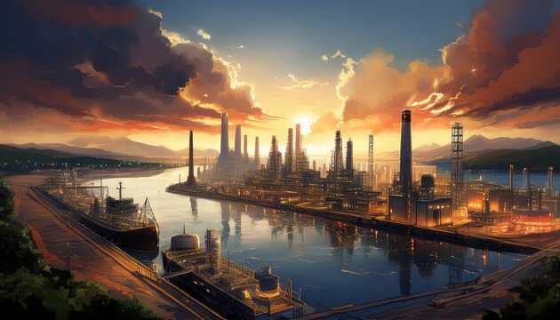 power plant and oil refinery industrial buildings in a panoramic urban cityscape with a harbor ships and a dramatic sky