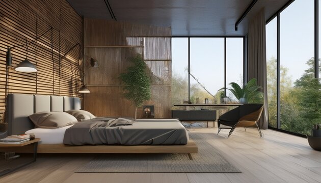 loft and modern bedroom 3d render image