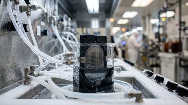 Wet etch bench with acid resistant tubing, quartz beaker, deionized water flow, and masked wafer holder in semiconductor manufacturing