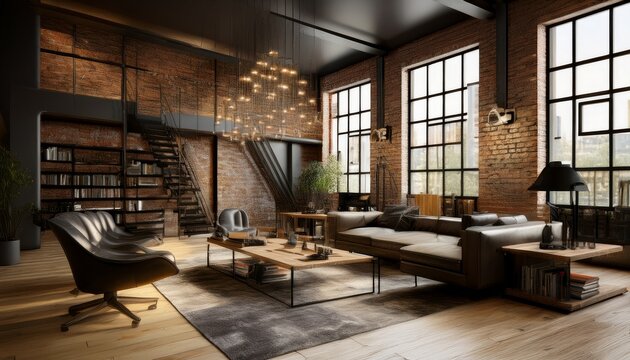 loft modern salon interior 3d rendering