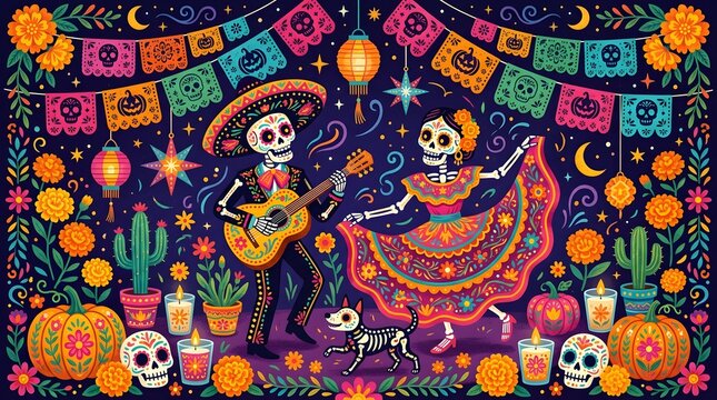 Day of the Dead celebration with skeletons playing guitar and dancing
