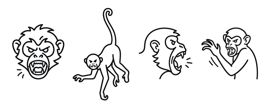 Aggressive monkey head and full body poses in black outline style for wild animal graphic projects.
