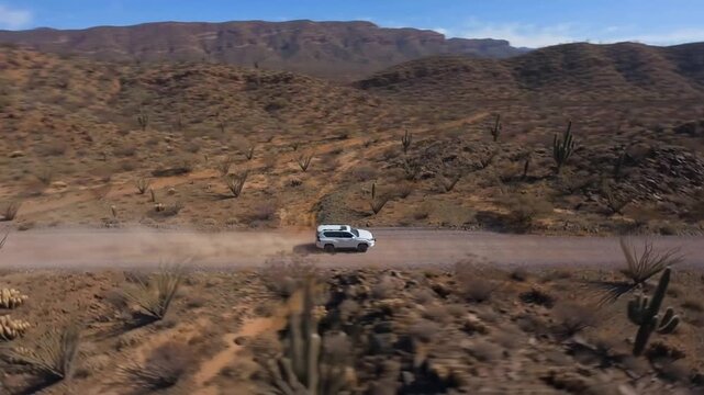 High resolution commercial stock video footage depicting A straight road with a white car cutting through the vast desert of baja california sur, aerial view, ideal for modern business,