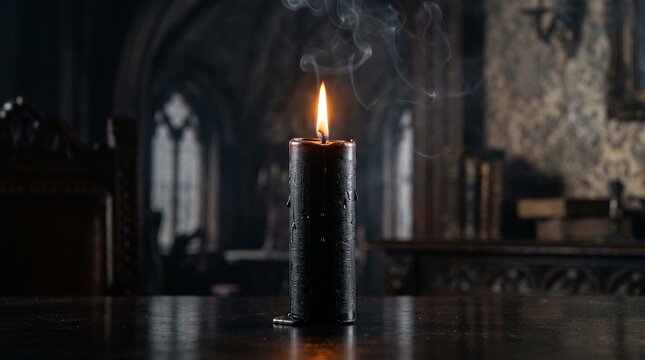 Lit Black Candle with Smoke in a Dark Moody Gothic Interior Setting