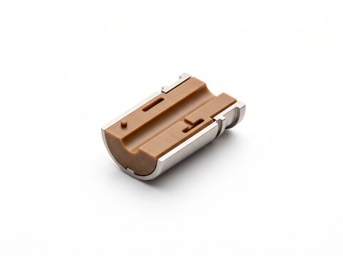 Nuclear fusion fuel pellet injector sabot half. Micro-machined polymer and aluminum aerospace casing with precision guide channel. Cryogenic injection hardware on white.