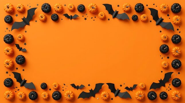 Halloween border frame with black paper bats and orange pumpkins on