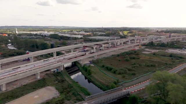 Aerial footage above new HS2 railway line under construction at Water Orton near Birmingham and M42 motorway