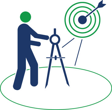 Business strategy planning icon, person with drafting compass and target with arrow, goal setting and achievement concept vector illustration
