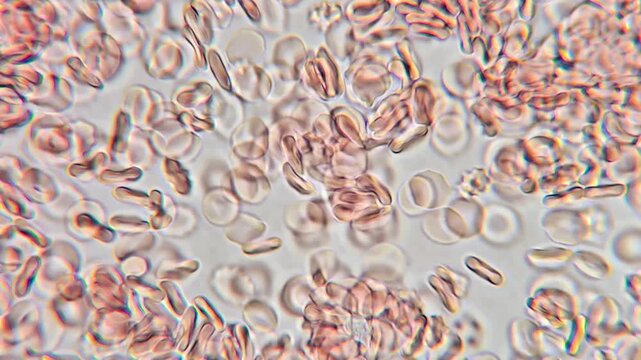 Microscopic view of red blood cells flowing through a vessel, human blood circulation under microscope 