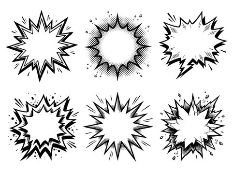 Collection of comic book style explosion speech bubbles and blast effects isolated on transparent background