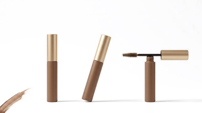 Brown Brow Gel Tubes With Matte Gold Caps in Three Poses With Open Spiral Brush and Product Swatch on White Background