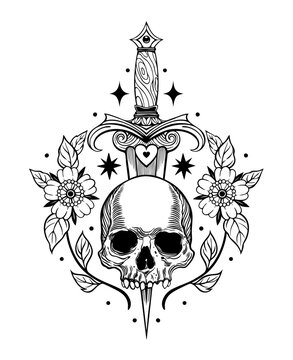 Gothic Skull with Dagger Flowers and Stars Tattoo Art