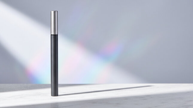 Charcoal Gray Cosmetic Tube With Silver Cap on White Marble With Soft Prism Rainbow Light and Copy Space