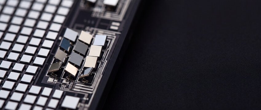 Silicon wafer microchip grid with microscopic micro mirrors in sensor array technology closeup.