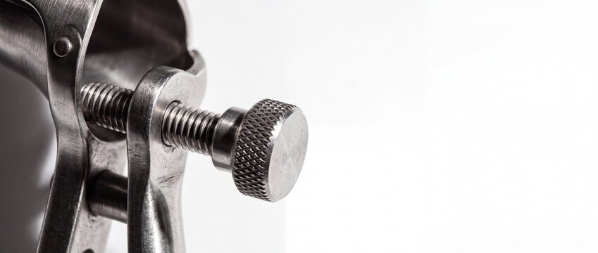 Shiny stainless steel medical speculum with adjustable silver screw knob for clinical examination.