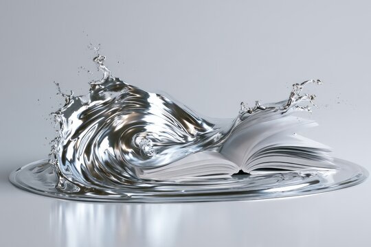 Open book with dynamic liquid chrome water splash pages bursting