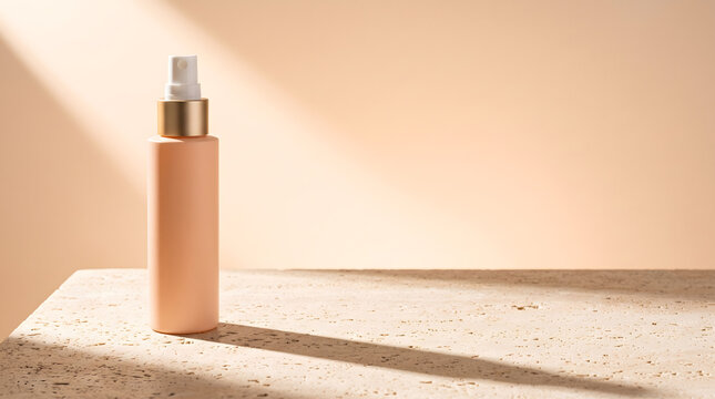 Peach Spray Bottle With Gold Collar on Perforated Travertine Surface in Warm Diagonal Sunlight With Copy Space