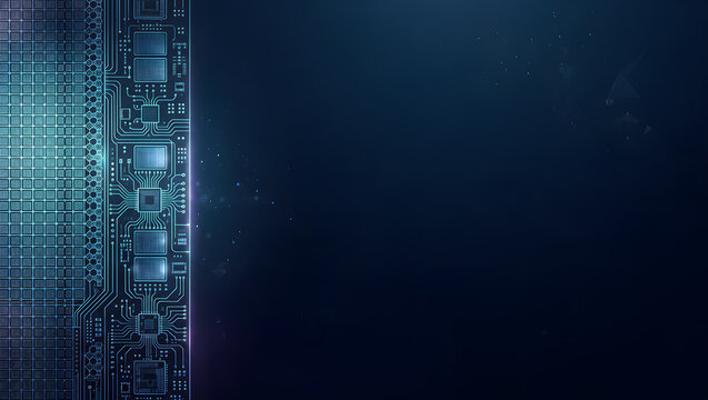 Futuristic Semiconductor Circuit Board Microchip Design on Dark Blue Background With Glowing Particles and Copy Space