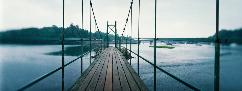 Panoramic view of the historic Wiggly Bridge in York, widely known as one of the smallest suspension bridges in the world, York, Maine, New England, United States