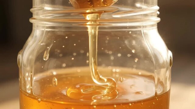 Wooden dipper lifting raw amber honey from glass jar in kitchen