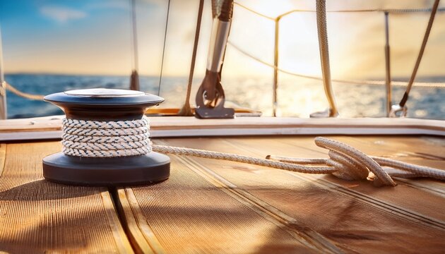 sailboat deck winch with coiled rope on teak boards for marine banner background and nautical design
