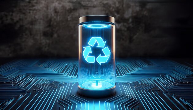 transparent glass battery with glowing blue charge on concrete table with recycling symbol and circuit board showing energy storage 3d rendering