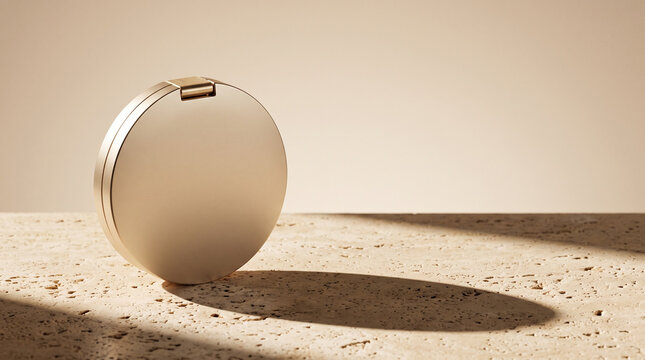 Champagne Metallic Round Makeup Compact Mockup on Travertine Surface With Dramatic Oval Shadow and Copy Space