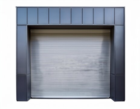 modern storefront entrance with closed metal roller shutter door on isolated white background