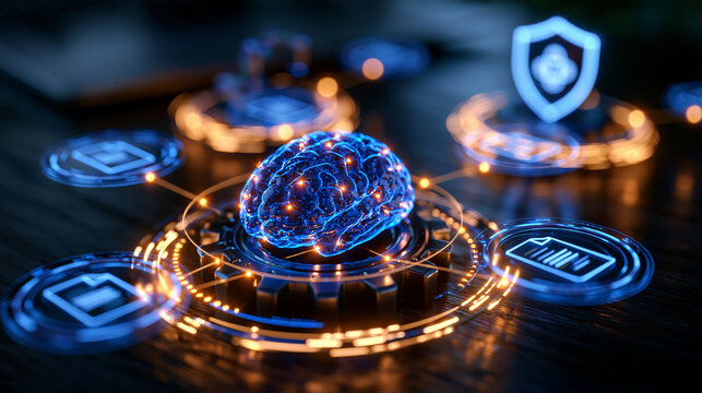 Stylized 3d render of a futuristic machine learning ecosystem diagram with a cognitive brain connected to a robotics gear document automation icons and a cybersecurity shield futuristic