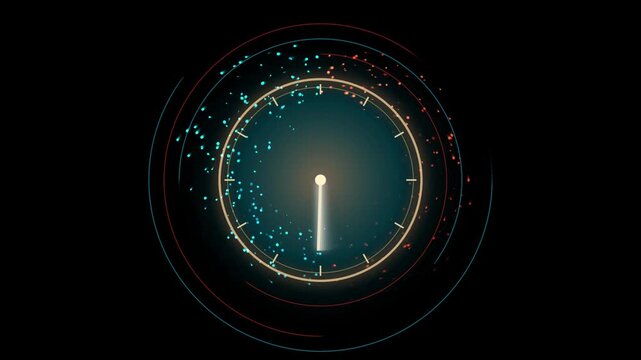 Abstract digital clock interface with glowing particle motion and circular hud for futuristic technology and time management concepts